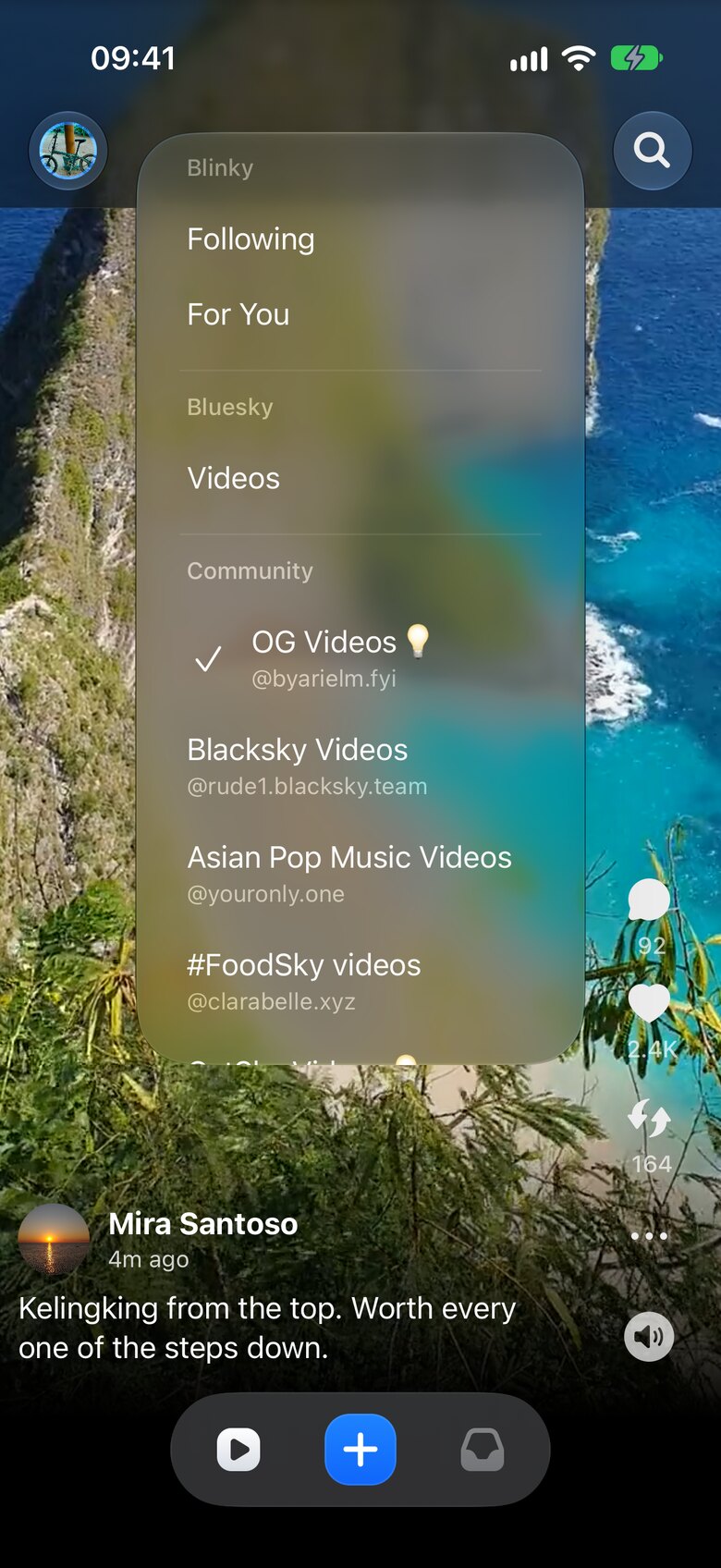 The feed menu listing Blinky, Bluesky and community video feeds
